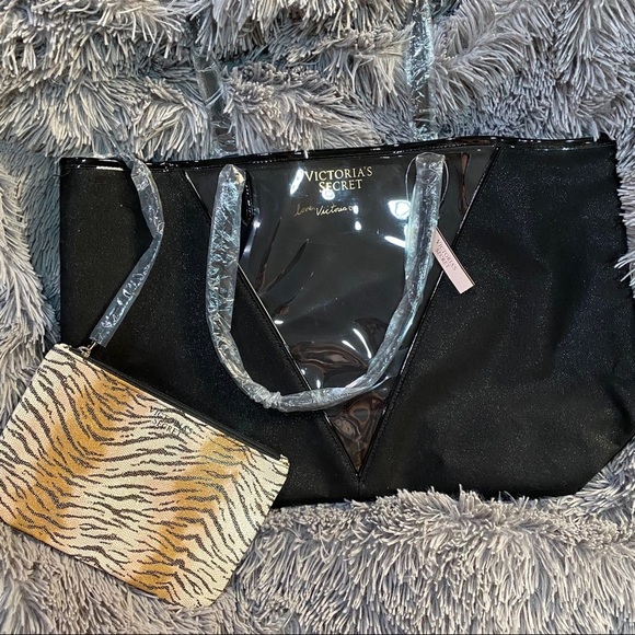 Victorias Secret Black Bag with Tiger Print Clutch - Picture 1 of 4